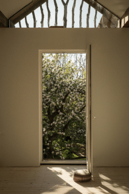 Bodentiefes Fenster zum Garten mit blühendem Apfelbaum im Studio Lüüd 
