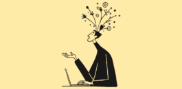 Illustration: Kreativer Arbeitsraum – Mann am Laptop mit Blumen aus dem Kopf 